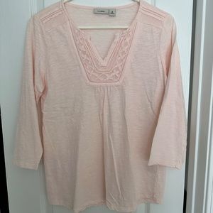 LLBean Pinky Peach Soft Cotton V Neck Placket 3/4 Sleeves Top Medium